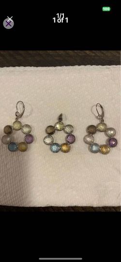 GORGEOUS MULTI GEMSTONE STERLING SILVER MATCHING EARRINGS AND PENDANT