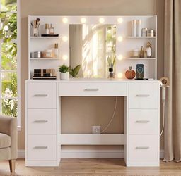 White Vanity Desk with Lighted Mirror and Drawers
