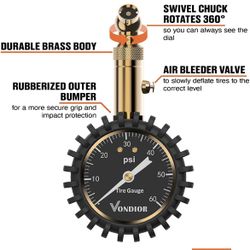 Tire Pressure Gauge - (0-60 PSI) Heavy Duty, Certified ANSI Accurate with Large 2 Inch Easy to Read Glow Dial, Low - High Air Pressure Gauge. Tire Gau