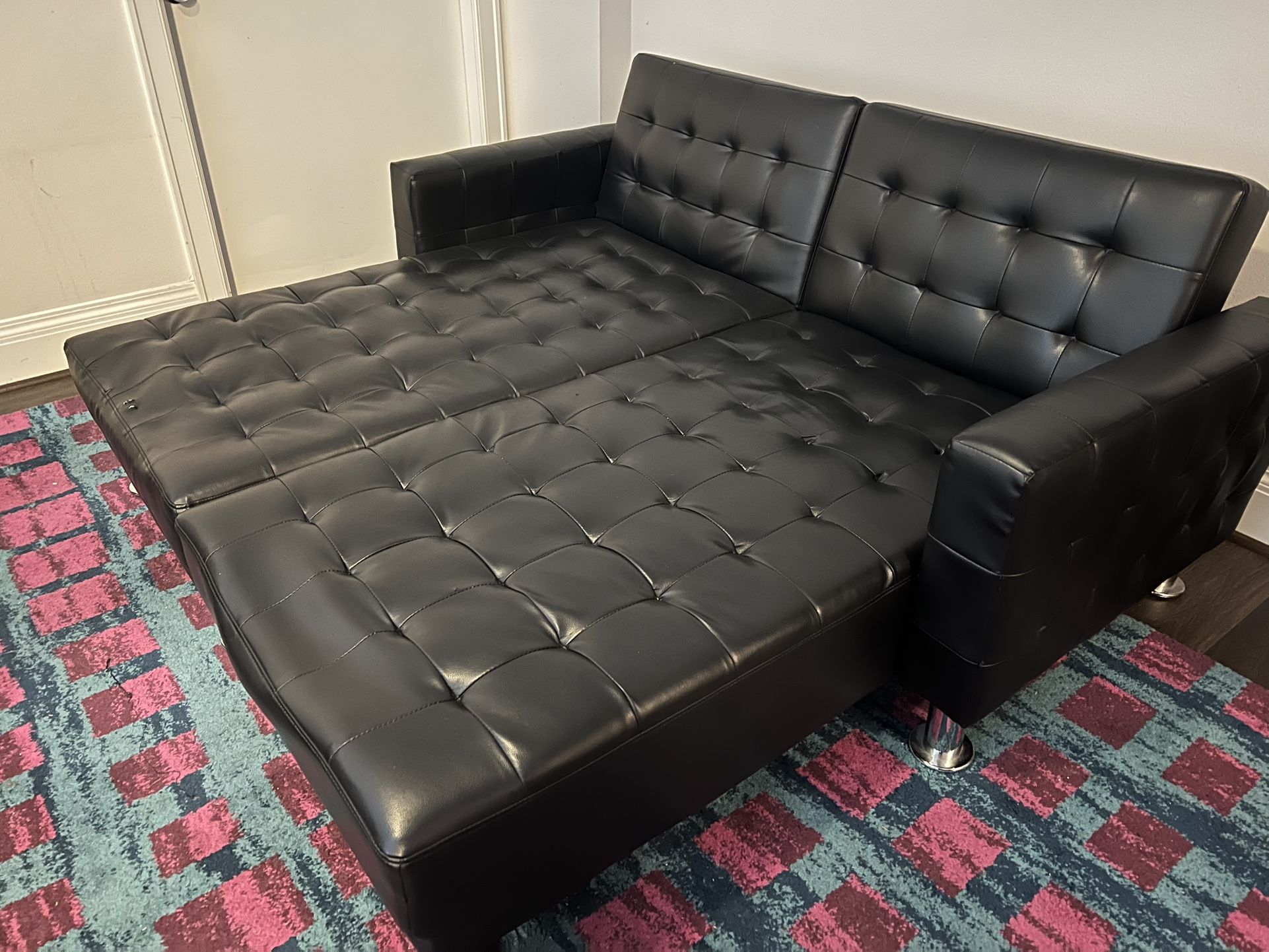 Modern Convertible Double Chaise Sofa Bed – Faux Leather, Tufted, and Versatile