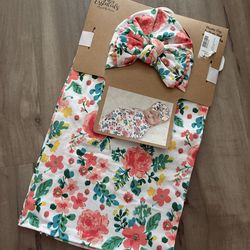 New Baby Swaddle Blanket & Turban Hat Set (Floral)