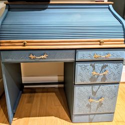 Antique Roll top Desk Restored - Intricate Embossing 