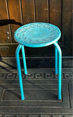 Turquoise Metal Stool/Plant Stand with Perforated Seat (17,5”H)