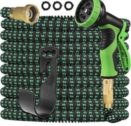 50ft Expandable Garden Hose with 10 Functions Nozzle and 3-Layers Latex Water Hose Leakproof Retractable Garden hose with Solid Fittings (Green)