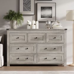 New Dresser for Bedroom with 7 Drawers,Wood Metal Handle Closet Storage Cabinet,Wide TV Stand Chests of Drawers,Light Gray Dresser New in box HLG067-