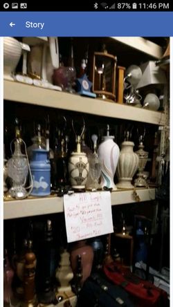 Lamps $20 each. Ones on the bottom shelf are $10 each. Lampshades are small $5 med to large are $10