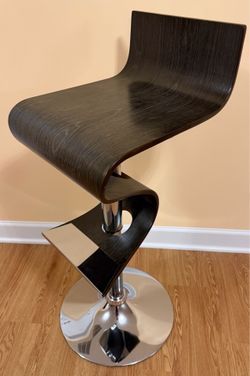 Gray Wood S-Shaped Adjustable Bar Stool With Chrome Frame