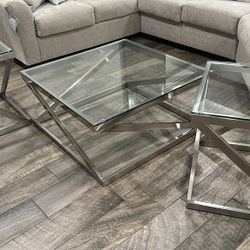 3 Silver Brushed Nickel square tables.