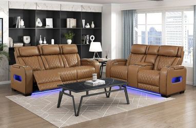 Diamond stitch brown power reclining Sofa w/LED & wireless surround sound