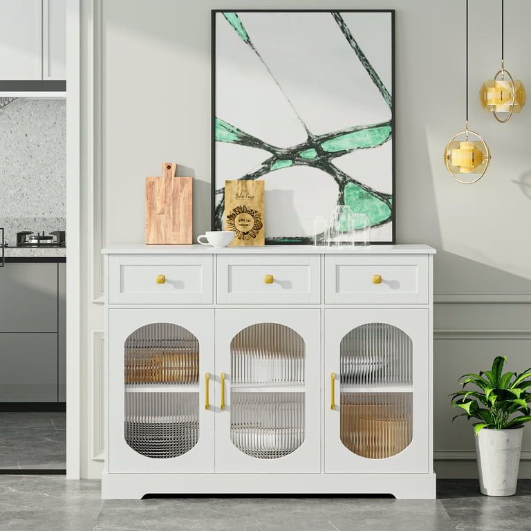 3 Drawer Buffet Cabinet with 3 Curved Glass Doors, 47.2''W Kitchen Sideboard with Adjustable Shelf, White
