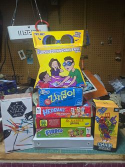 7 Games - Upside Down, Hedbanz, Zingo, Scrabble, Fibber, Stick Stack