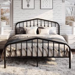 King Size Metal Platform Bed Frame with Victorian Style Wrought Iron-Art Headboard/Footboard, No Box Spring Required, Black