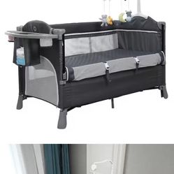Gray Multifunctional Foldable Baby Crib Co-sleeper Playpen Adjustable Infant Bassinet Bed with Carry Bag Hanging Toys ZCF0031