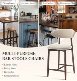COLAMY Counter Height Bar Stools Set of 3, Upholstered Barstools with Back, Mid Century Modern Stools Color- Beige