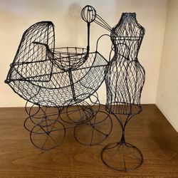 Black Wire Baby Shower Decor Set, Baby Stroller, Stork and Pregnant Woman