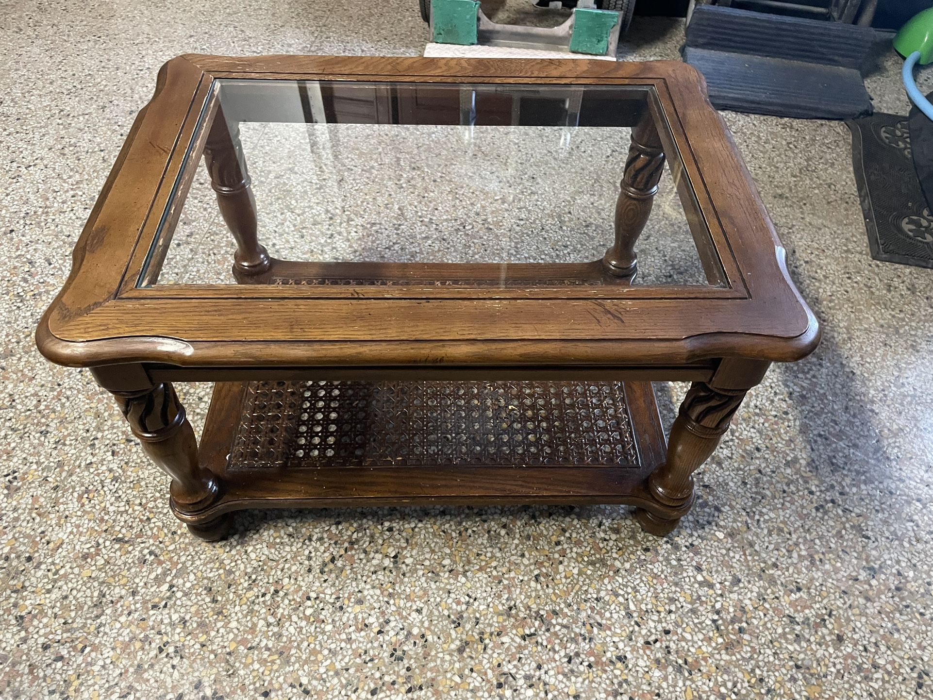 Wood Side End Table 27”D x 20”W & Cane Rattan shelf mesa auxiliar de madera