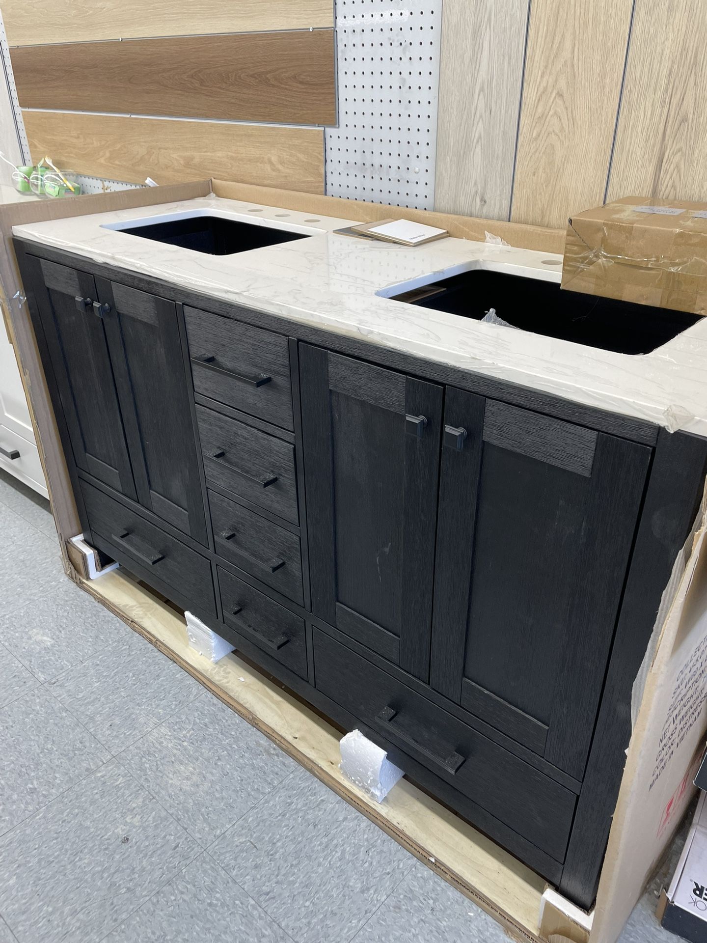 Bathroom vanity cabinet 60” solid mango Quartz top with sinks and backsplash