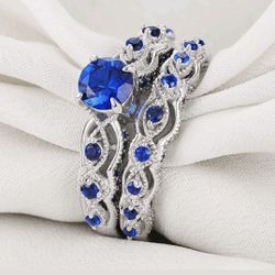 SOLID 925 STERLING SILVER BLUE SAPPHIRE & AAACZ 2PC ENGAGEMENT WEDDING RING