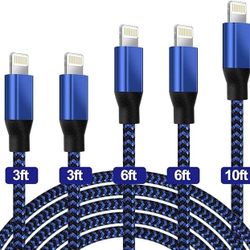 UNEN MFi Certified 5 Pack [3/3/6/6/10ft] Nylon Braided iPhone Charger Lightning to USB-A Cable Fast Charging&Syncing Black&Blue