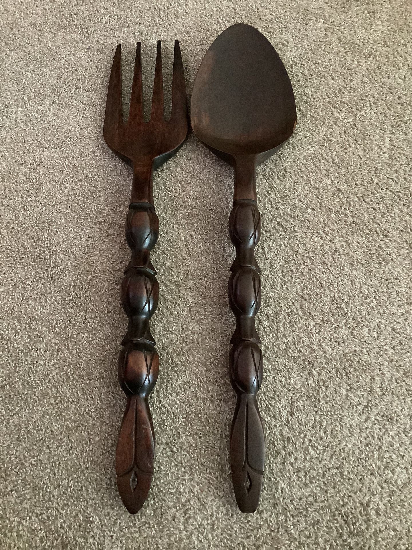 Vintage Carved Wooden 27” Large Decorative Spoon And Fork Wall, Kitchen Decor Made In Philippines