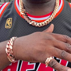 Set Chain & Bracelet 20mm Miami Cuban Link Pink Red Rose Gold Plated Chain Necklace 18k & 14k Crab Old School Regular Lock Set