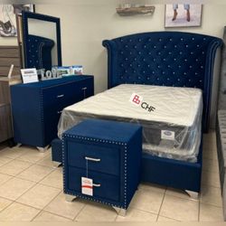 4 Pc Queen or king bedroom set (includes bed frame , dresser with mirror and one nightstand)