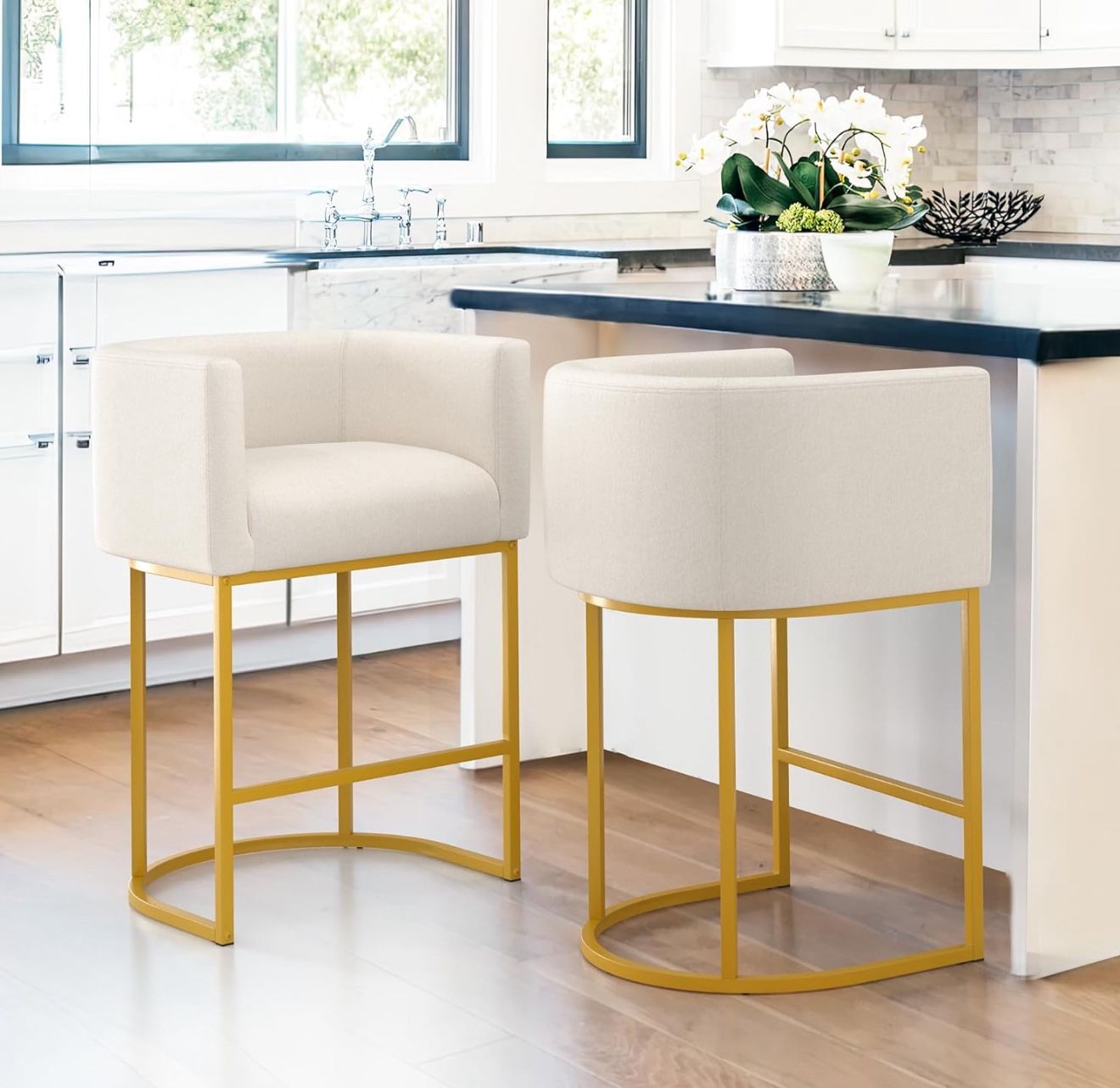 LUE BONA 27" H Counter Height Bar Stools Set of 2, Modern Barrel Counter Stools with Backrest and Arms, Gold Metal Frames, Linen Fabric Upholstered Ac
