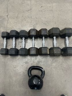 Rubber Hex Dumbbell Set (15, 20, 30 lbs) + 35 lb CAP Kettlebell – 175 lbs Total