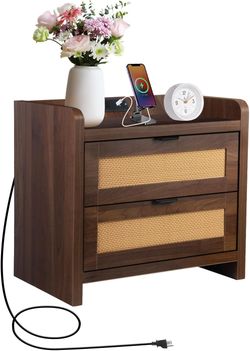 Rattan Nightstand with Type-C Charging Station, Farmhouse Bedside Table with 2 Rattan Drawers, Boho