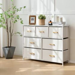 Bigroof 7 Drawer Fabric Dresser Accent White Dresser for Bedroom Chest Storage Organizer with Marbled WoodBoard and Artificial Leather for Living Room