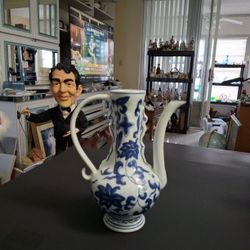 Vintage Gorgeous Cobalt Blue & White Ewer Style Teapot Or Wine Pitcher Long Neck W/Spout Vine Pattern 8.25" Tall (Lid Not Incl)