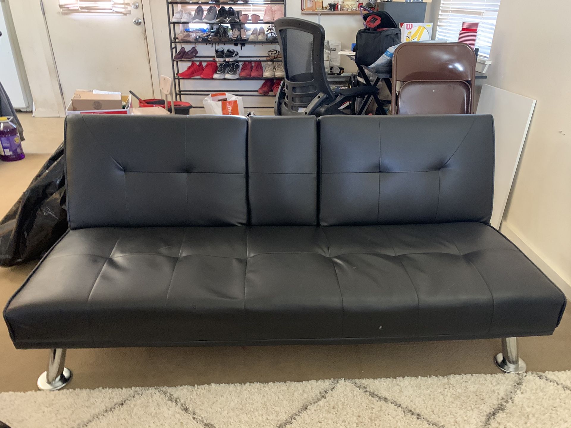 Black Faux Leather Futon Couch