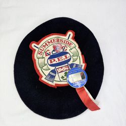 VTG Blue 100% Wool CURLING TAM Beret Hat Summerside PEI with 2 Pins CANADA Vintage