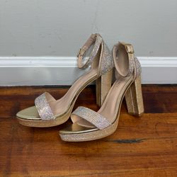 Delicacy Gold Glitter Platform Ankle-Strap Heels with Rhinestone Straps