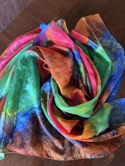 Scarf psychedelic 1970s multicolored silk tie-dye 33“ x 33“Scarf psychedelic 1970s multicolored silk tie-dye 33” x 33”