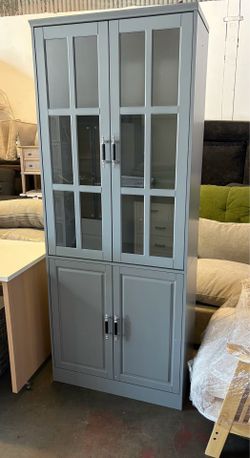 78.7" H,Kitchen Pantry Storage Cabinet with LED Lights with Glass Doors & Drawers, Freestanding Utility Cabinet, Grey