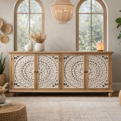 New Modern Farmhouse Carved Wood Sideboard Cabinet, White Mandala Carved Doors, Solid Wood Storage Credenza for Living Room, Dining Room or Entryway, 