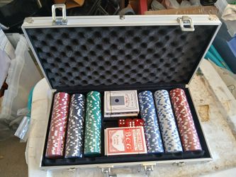 Pocker Chips and Cards In Metal Case New In Box Chips Have Been Opened As Seen