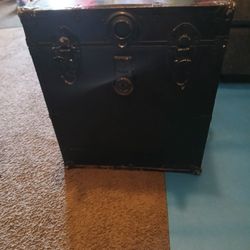 Vintage 1950s Black Trunk Chest Will Unique Newspaper Style Liner On The Inside And Leather Handles 21 Inches Tall 18 In Wide 27 In Deep Excellent Con