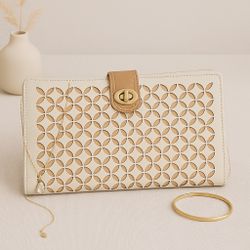 Wolf England Leather Jewelry Travel Case Cream & Tan Laser-Cut LusterLoc, 11x7”