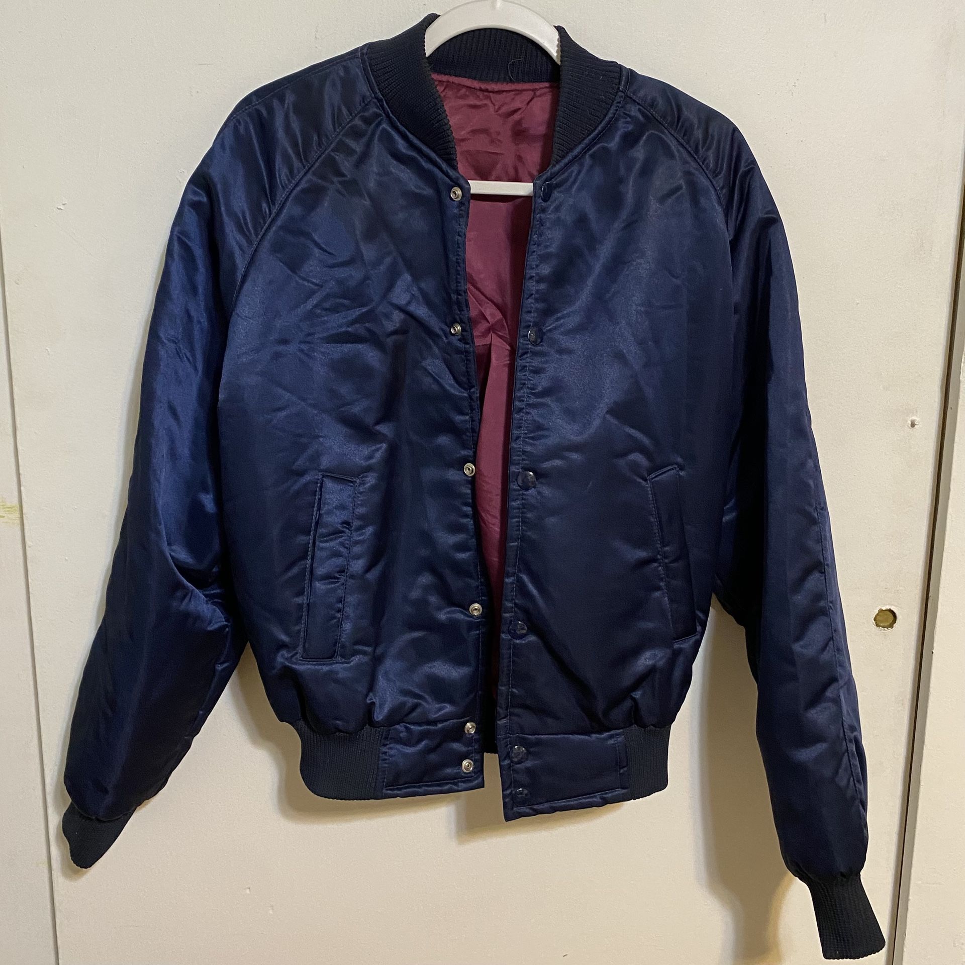Vintage Blue Satin Style Bomber Jacket, Large