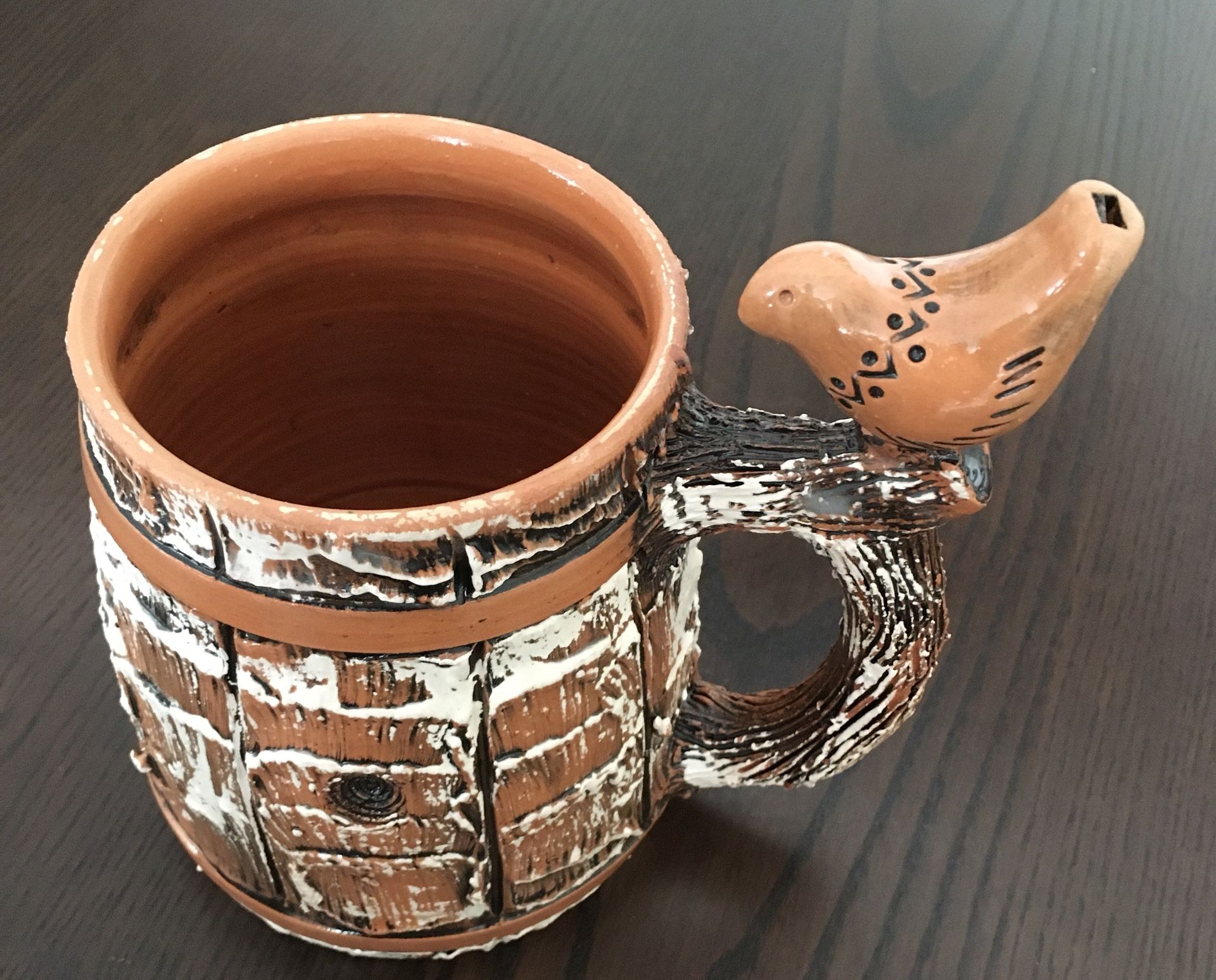 Beer mug big , handmade of clay NEW , bird is a whistle