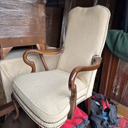 Tan Luxury Chair w/ Walnut Arms & Legs