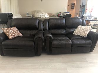 Brown Leather Reclining Sofa & Oversized Reclining Chair