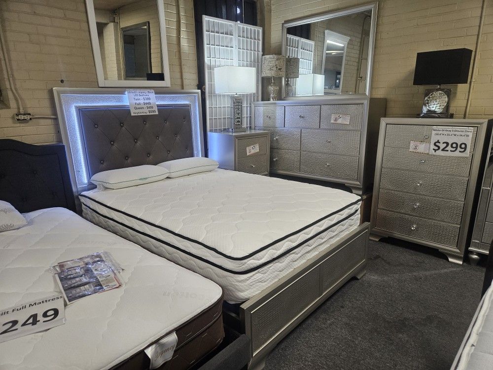 Brand New Champange Full Size LED Bedframe + Dresser + Mirror + Nightstand 4PCs Set