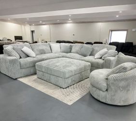 Large Gray Sectional Sofa Set with Ottoman and Swivel Chair