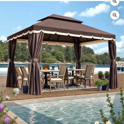 Grezone 10x13 FT Deluxe No Screws Gazebo, Double Roof Outdoor Shelter Tent with Mosquito Nettings and Privacy Screens