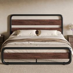 Full Size Metal Bed Frame with Wooden Headboard, Mahogany Heavy Duty Platform Frame with Under-Bed Storage, Noise Free, No Box Spring Needed