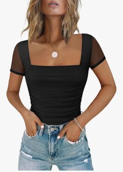 Chunpin Women's Square Neck Bodysuit Ruched Top Mesh Long Sleeve Bodysuits Thong Body Suits Leotard Shirt Going Out