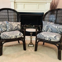 A Pair of Midcentury Bamboo and Rattan Armchairs with Custom Made Cushions and Pillows